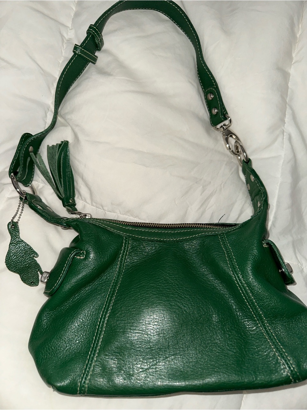 Roots Green Leather Shoulder Bag with Tassel Charm